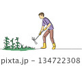 Continuous line drawing of a young man in gloves and boots, actively weeding a garden bed with a small hoe, symbolizing diligent garden care and maintenance. National Weed Your Garden Day event. 134722308