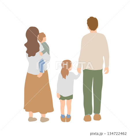 後ろ姿の家族イラスト｜親子で歩く日常・子育て・ファミリーのイメージ 134722462