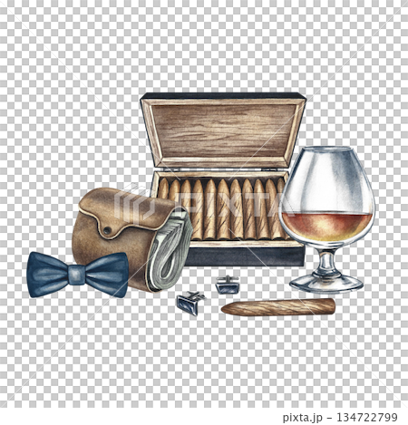 Men's accessories, cognac, wallet with money, expensive cigars, cufflinks, and a bow tie. Hand-drawn watercolor illustration. For postcards, banners, flyers, packaging, invitations, posters, and more 134722799