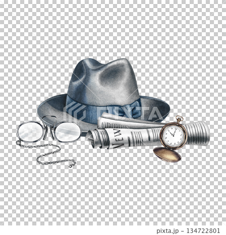 Men's accessories, hat, newspaper, watch, and glasses. Hand-drawn watercolor illustration. Vintage-style color image on a men's theme. For postcards, banners, and flyers for Men's Day and Father's Day Men's accessories, hat, newspaper, watch, and glasses. Hand-drawn watercolor illustration. Vintage-style color image on a men's theme. For postcards, banners, and flyers for Men's Day and Father's Day 134722801