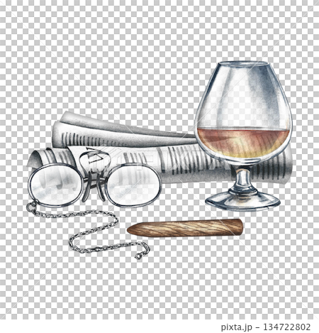 A composition with masculine attributes. A cognac glass, a newspaper, optical glasses, and an expensive cigar. A handmade watercolor illustration. For cards for Men's Day and Father's Day, and more. A composition with masculine attributes. A cognac glass, a newspaper, optical glasses, and an expensive cigar. A handmade watercolor illustration. For cards for Men's Day and Father's Day, and more. 134722802