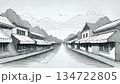 架空の街の商店街のペン画風イラスト 134722805