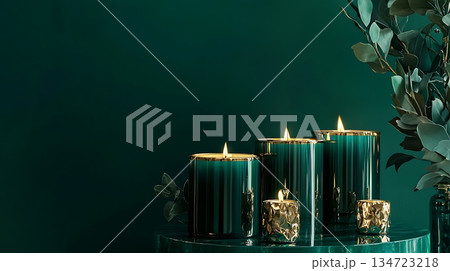 A green table with four candles on it 134723218