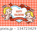 昭和レトロ風な赤ギンガムチェックのバレンタインデーのベクターイラストセット② 134723429