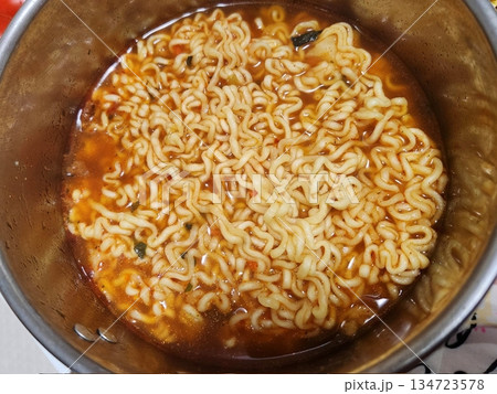 Shin Ramyun,close up of Ramyeon or Ramyun is a Korean-style soup noodle dish with a spicy flavor. Ramyeon or Korean instant noodles with egg - Korean food style 134723578