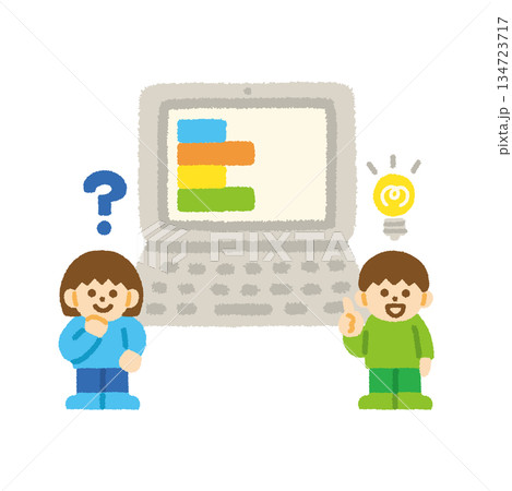 プログラミング パソコン 子供 手描き パステル イラスト 134723717