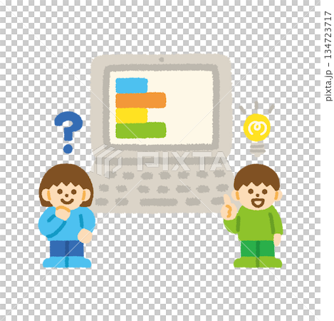 プログラミング パソコン 子供 手描き パステル イラスト 134723717
