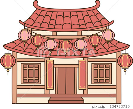 Cute Cartoon Chinese Traditional House with Red Lanterns for Lunar New Year Celebration 134723739