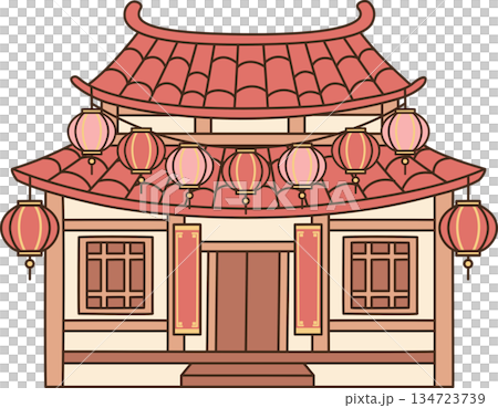 Cute Cartoon Chinese Traditional House with Red Lanterns for Lunar New Year Celebration 134723739