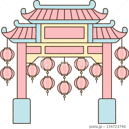Cute Cartoon Chinese Traditional Arch Gate with Lanterns for Lunar New Year Celebration 134723740
