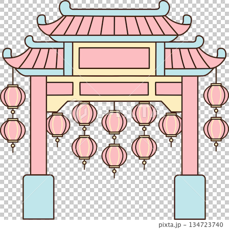 Cute Cartoon Chinese Traditional Arch Gate with Lanterns for Lunar New Year Celebration 134723740