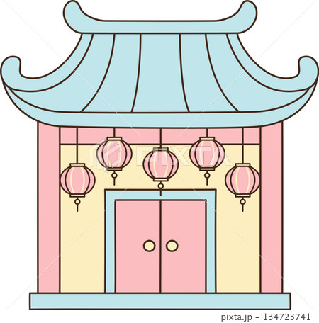 Cute Cartoon Chinese Traditional Shrine with Hanging Lanterns for Lunar New Year Celebration Cute Cartoon Chinese Traditional Shrine with Hanging Lanterns for Lunar New Year Celebration 134723741