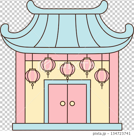 Cute Cartoon Chinese Traditional Shrine with Hanging Lanterns for Lunar New Year Celebration Cute Cartoon Chinese Traditional Shrine with Hanging Lanterns for Lunar New Year Celebration 134723741