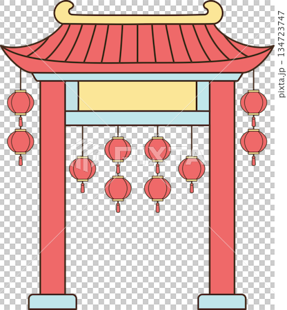 Traditional Chinese Gate Illustration with Red Lanterns for Lunar New Year 134723747