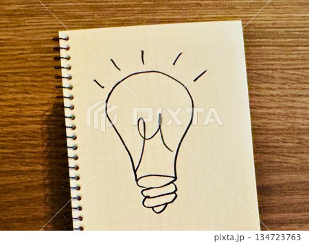 手書きの豆電球の絵が描かれたノート 134723763