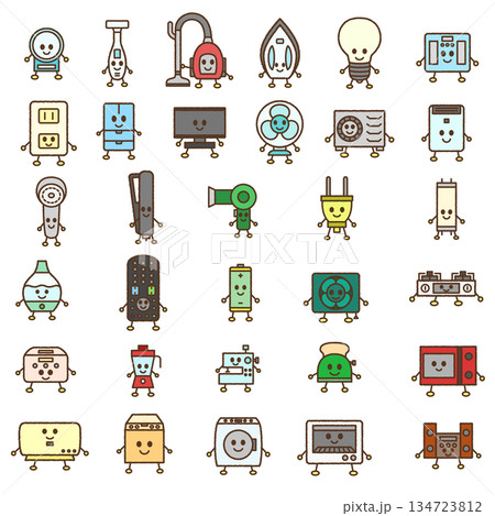 手書き風の家電キャラクターイラストアイコンセット 134723812
