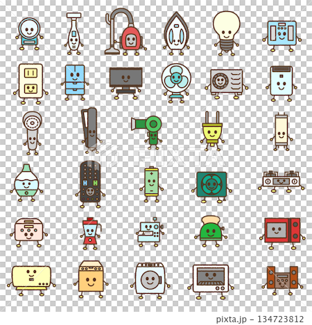 手書き風の家電キャラクターイラストアイコンセット 134723812
