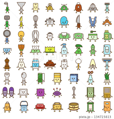 手書き風の日用品キャラクターイラストアイコンセット 134723813
