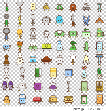 手書き風の日用品キャラクターイラストアイコンセット 134723813