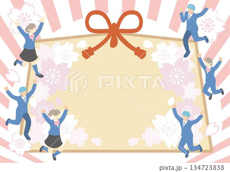 合格祈願　絵馬のフレーム　桜とジャンプする受験生が描かれた和風の背景素材　アイソメトリック　イラスト 134723838