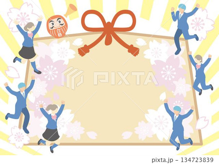 合格祈願　絵馬のフレーム　桜とジャンプする受験生が描かれた和風の背景素材　アイソメトリック　イラスト 134723839