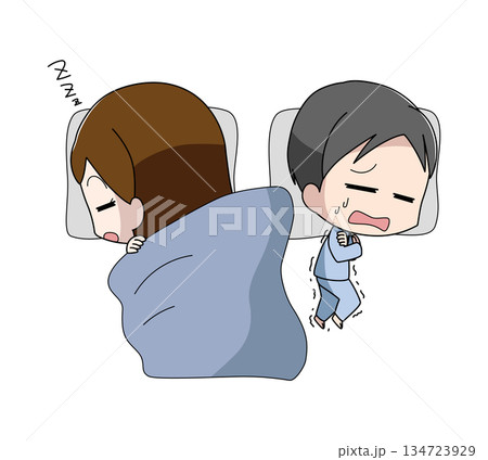 一緒に寝ていて男性が女性に掛け布団を取られるイラスト 134723929