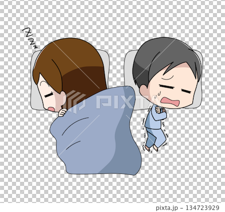 一緒に寝ていて男性が女性に掛け布団を取られるイラスト 134723929