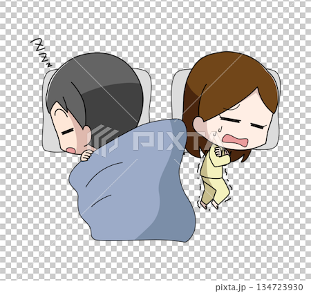 Illustration of a woman sleeping together and having her quilt taken away by a man Illustration of a woman sleeping together and having her quilt taken away by a man 134723930