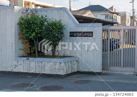 松原市立松原第六中学校の正門銘板と紅葉したツタが絡まるコンクリート壁 134724063