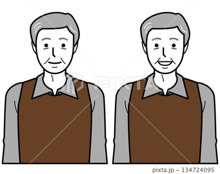 正面向き。腕をおろすシャツとベストを着た高齢男性。 正面向き。腕をおろすシャツとベストを着た高齢男性。 134724095