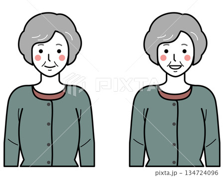 正面向き。腕をおろすカーディガンを着た高齢女性。 134724096