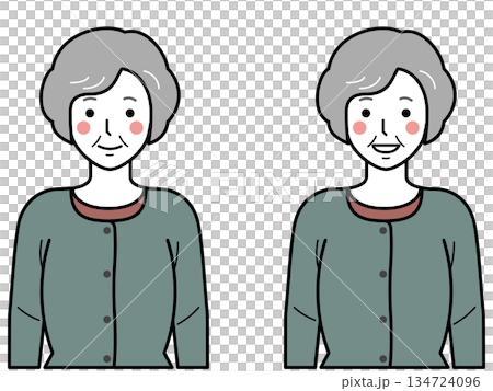 正面向き。腕をおろすカーディガンを着た高齢女性。 134724096