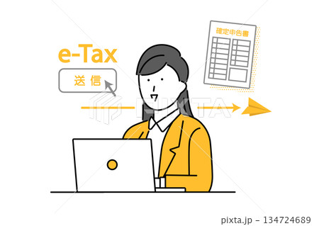 ノートパソコンを使ってイータックスを利用する女性のイメージイラスト 134724689