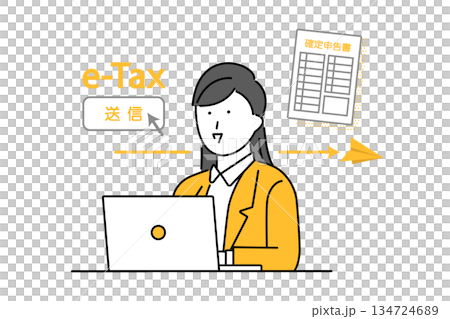ノートパソコンを使ってイータックスを利用する女性のイメージイラスト 134724689