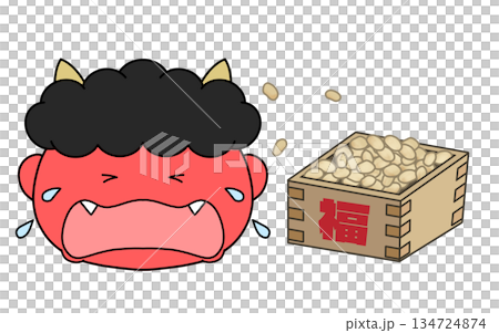 節分の豆で泣いている鬼のイラスト 134724874