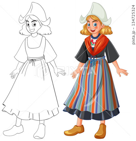 Dutch Girl in Traditional Costume with Coloring Outline 134725324