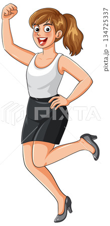 Happy Businesswoman Jumping with Raised Fist in Excitement 134725337