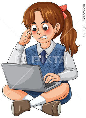 Stressed Schoolgirl Sitting Cross-Legged Using Laptop Computer Stressed Schoolgirl Sitting Cross-Legged Using Laptop Computer 134725340