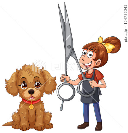 Cartoon Dog Groomer Holding Large Scissors Beside Fluffy Puppy 134725343