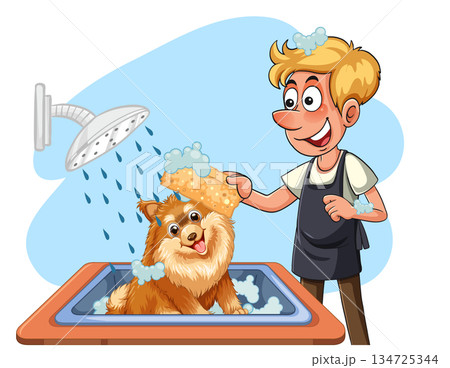Cartoon Man Washing Happy Dog in Bathtub Cartoon Man Washing Happy Dog in Bathtub 134725344