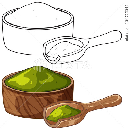 Matcha Green Tea Powder in Wooden Bowl with Scoop Illustration Matcha Green Tea Powder in Wooden Bowl with Scoop Illustration 134725346