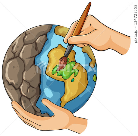 Hands Painting Green Continents on Cartoon Earth Hands Painting Green Continents on Cartoon Earth 134725358