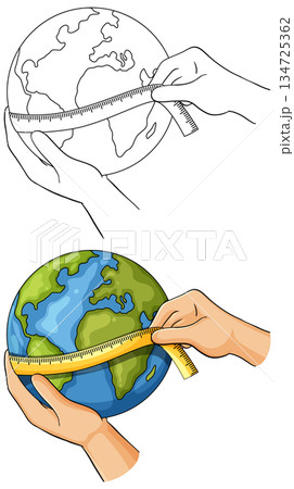 Hands Measuring Earth Circumference with Tape Measure 134725362