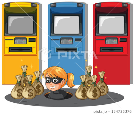 Masked Thief Emerging With Money Bags Near Colorful ATMs 134725376