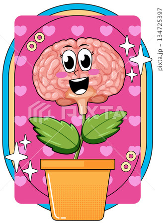 Cartoon Brain Flower in Pot with Happy Face Cartoon Brain Flower in Pot with Happy Face 134725397