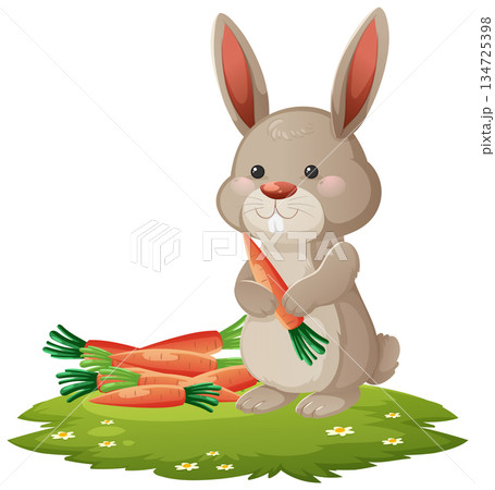 Cute Brown Rabbit Holding Carrot on Grass Patch 134725398