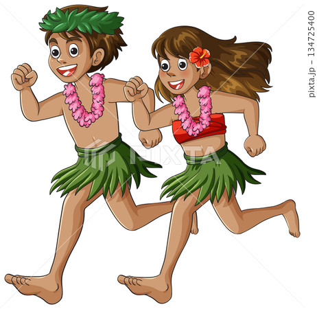 Hawaiian Children Running in Traditional Grass Skirts and Leis 134725400
