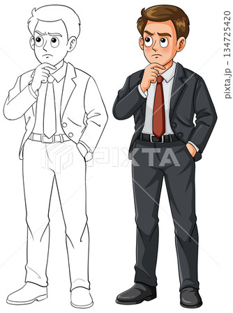 Businessman Thinking in Suit, Color and Outline Versions 134725420