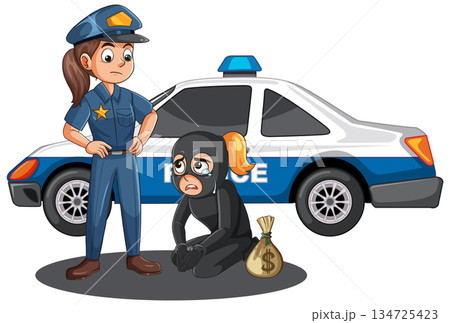 Female Police Officer Arrests Crying Thief Beside Police Car 134725423