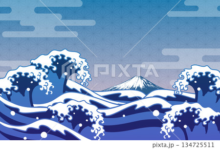 浮世絵風の波と富士山の和風背景 134725511